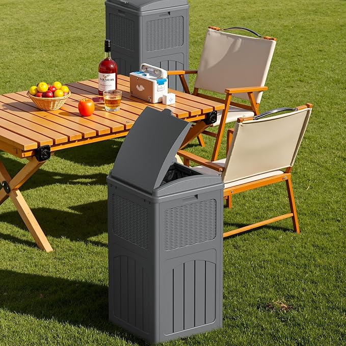 Devoko 33 Gallon Outdoor Trash Can with Dual Lid, Heavy Duty Waterproof Resin Garbage Bins Outside, Hideaway Waste Bins for Patio, Outside Pool, Backyard and Deck (2, Gray)