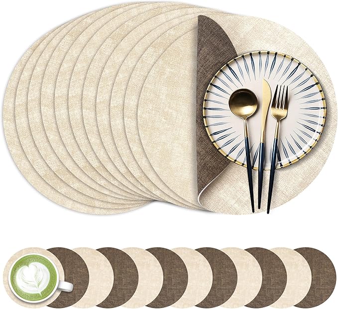13-Inch Faux Leather Round Placemats Set of 12, Waterproof Anti-Slip Dual Sided Place mats, Heat Resistant Washable Table Mats with Coaster, Suitable for Indoor & Outdoor (12, Beige Dark Coffee)