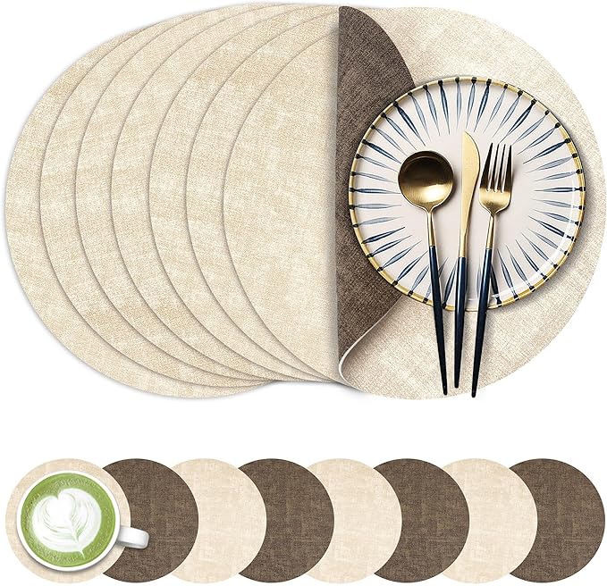 13-Inch Faux Leather Round Placemats Set of 8, Waterproof Anti-Slip Dual Sided Place mats, Heat Resistant Washable Table Mats with Coaster, Suitable for Indoor & Outdoor (8, Beige Dark Coffee)