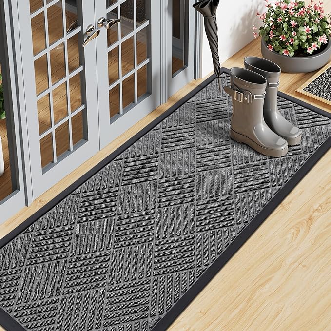 Smiry Front Door Mat Outside Entrance, Heavy Duty Outdoor Indoor Natural Rubber Doormat, Non Slip, Trap Dirt and Moisture, Easy Clean, Low Profile Patio Porch Entryway Mat, 47x17, Grey