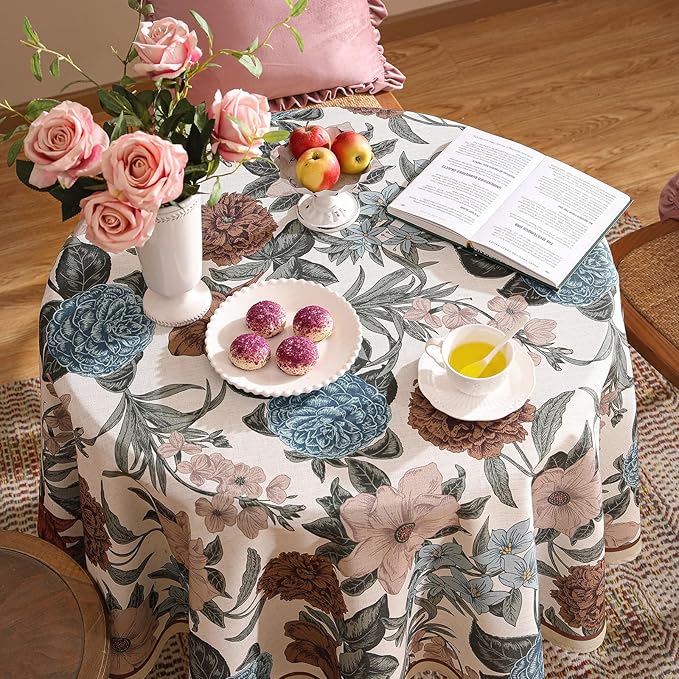 Designer French Linen Tablecloth for Round Table,Red and Blue Floral Rustic Durable Tablecloths,Decor Table Cover for Kitchen,Dining,Thanksgiving,Farmhouse,Diameter 67"-Burgundyred