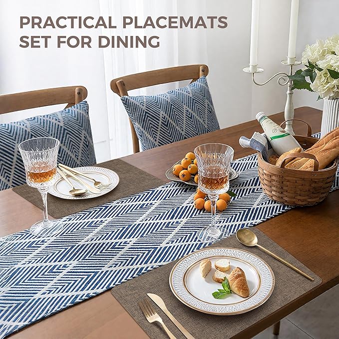 Vinyl Placemats Set of 8, Faux Leather Waterproof and Heat Resistant Place Mats, Washable Anti-Slip Table Mats with Coaster, Wipeable Placemats for Indoor & Outdoor 17" x 12" (Dark Coffee, Set of 8)