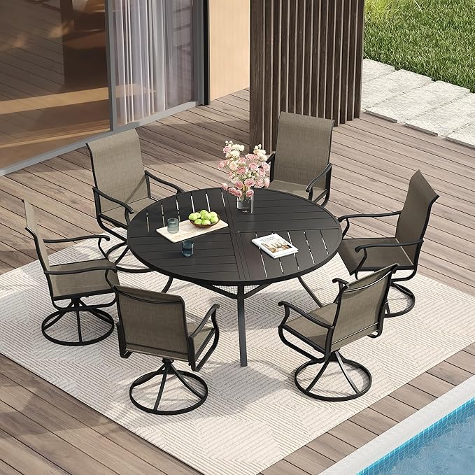 VICLLAX Round Patio Table with Adjustable Umbrella Hole for 6, All Weather Metal Outdoor Dining Table for Lawn Garden, 50" Outdoor Coffee Table, Black Tabletop
