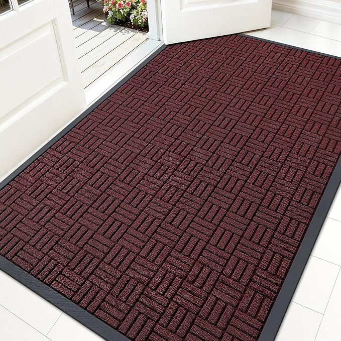 OLANLY Front Door Mat Outside Entrance 59x34, Absorbent, Heavy Duty Sturdy Natural Rubber Doormat Indoor Outdoor, Non-Slip, Stain and Fade Resistant, Low Profile Floor Mat for Entryway, Burgundy