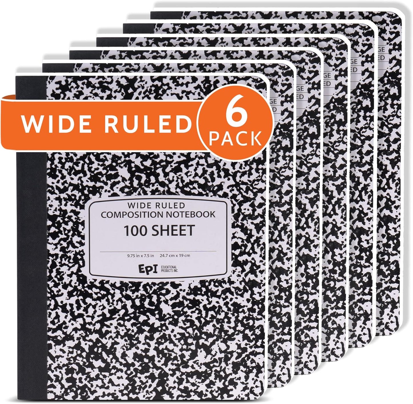 EPI Marble Hardcover Wide Ruled Composition Notebook | 200 Pages (100 Sheets), 9.75 x 7.5 in, Sturdy Sewn Binding | School, Office, Journaling, Notes - 6 Pack