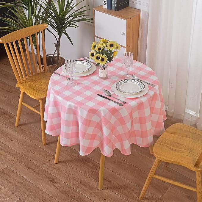 Cupuamon 2 Pack Waterproof Polyester Fabic Round Checkered Tablecloth，60 Outdoor Table Cloth，Oil Stain Prevention Table Cloth for Pinics and Parties（Pink and White）