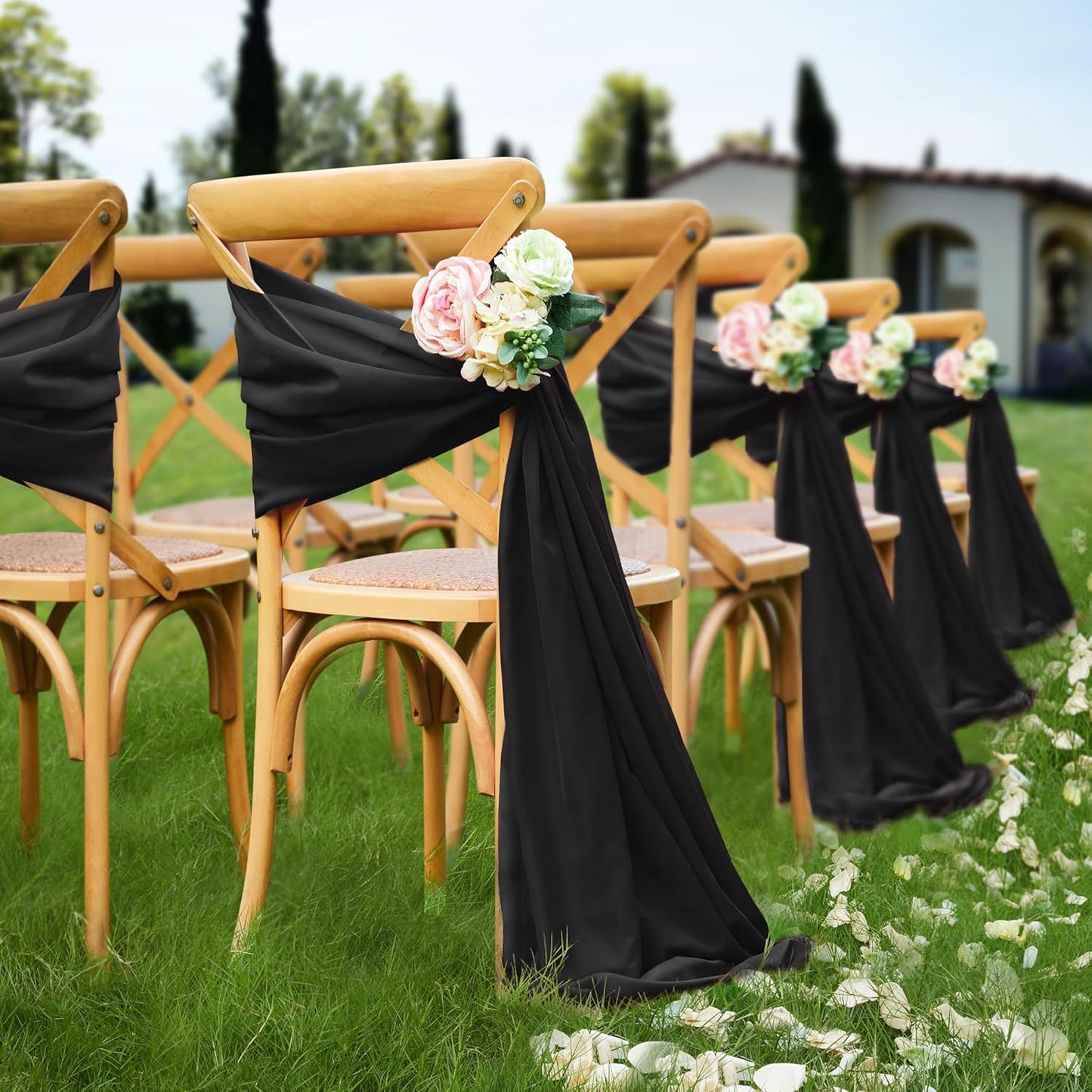 VACVELT Wedding Arch Draping Fabric - Black Chiffon, 2 Panels Sheer Drapes, 30 Inch x 20ft Backdrop Curtain, Outdoor Sheer Drapery for Ceremony Party Ceiling