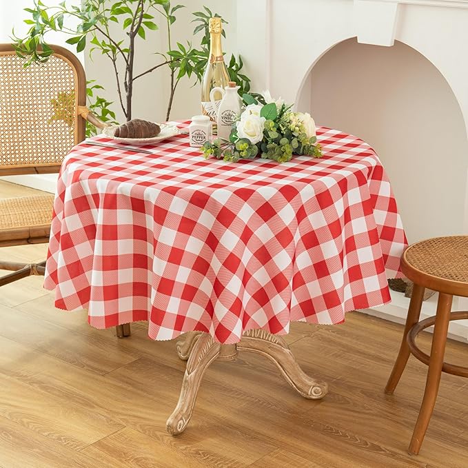 Waterproof Plaid Tablecloth Fabric - Round 90 Inch Classic Gingham Checker Table Cloth for Indoor/Outdoor Use - Buffalo Table Cover for Picnics, BBQs, and Parties