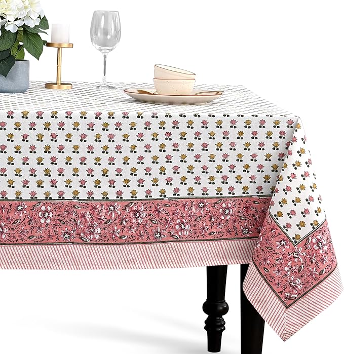 CPC Rosette Bloom Tablecloth 100% Cotton 72x140 Inch Indian Block Print Rectangle Table Cover, Table Cloth for Gifting in Weddings, Halloween, Fall, Christmas, Thanksgiving