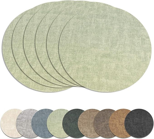 13" Round Placemats Set of 6, Reversible Faux Leather Heat Resistant Table Mats, Waterproof Oilproof Wipeable Table Protective Placemats for Vinyl, Washable for Indoor & Outdoor Use (6, Light Green)