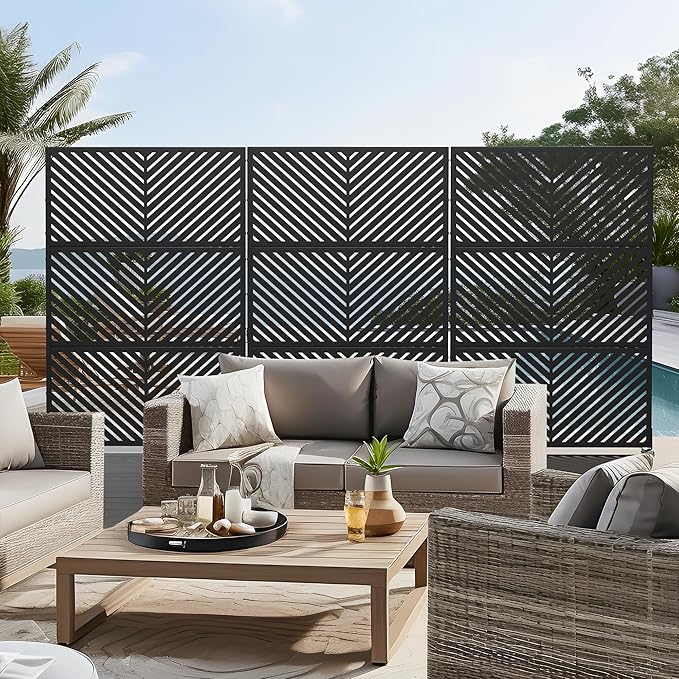 Casaphoria Metal Privacy Screen 72" H x 45" W, 2 Pack Outdoor Freestanding Decorative Divider for Patio & Garden with Stable Base, Black-Parallel