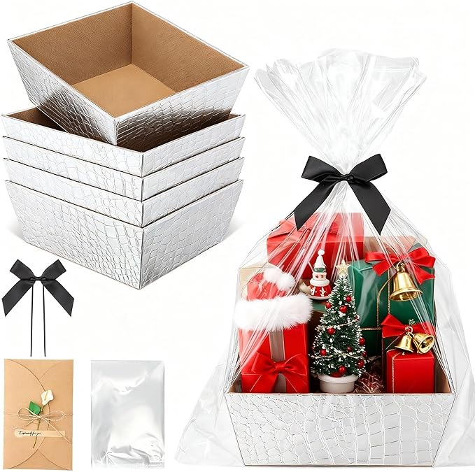 Wonderjune 20 Pcs Valentines Day Gift Baskets Empty To Fill Baskets For Gifts Empty With Gift Bag Bow Valentines Gifts Storage Basket Bulk for Wedding Party Wrapping(Silver)