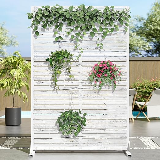 Casaphoria 72" H x 47" W Metal Outdoor Privacy Screen, Freestanding Decorative Divider for Patio, Deck, Balcony, and Garden with Stable Base, White-Veneer