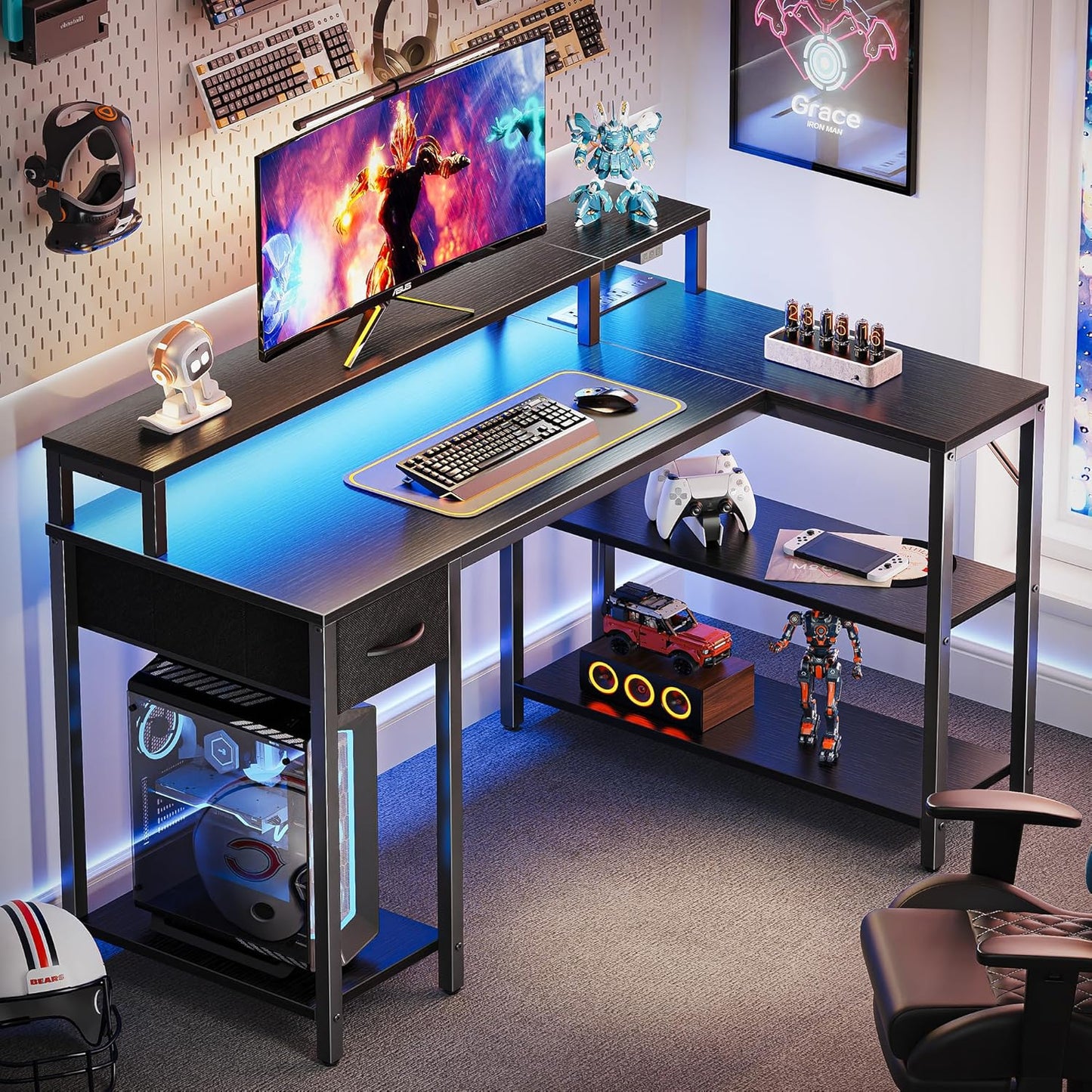SUPERJARE Reversible L Shaped Gaming Desk with Drawer, LED Lights & Power Outlets, Corner Computer Desk with Shelves & Monitor Stand for Home, Office, Black, 47 inches