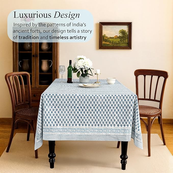 CPC Apatite Blue Floral Hand Block Printed 100% Cotton Tablecloth 60x120 Rectangular Reusable and Washable Boho Dining Table Cloth Thanksgiving