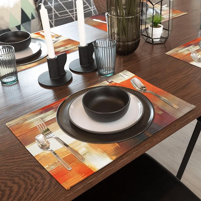 Modern Art Placemats Set of 4 Orange Abstract Painting Place Mats Washable Linen Placemat for Kitchen Dining Table Home Party Decor 18x12 Inches