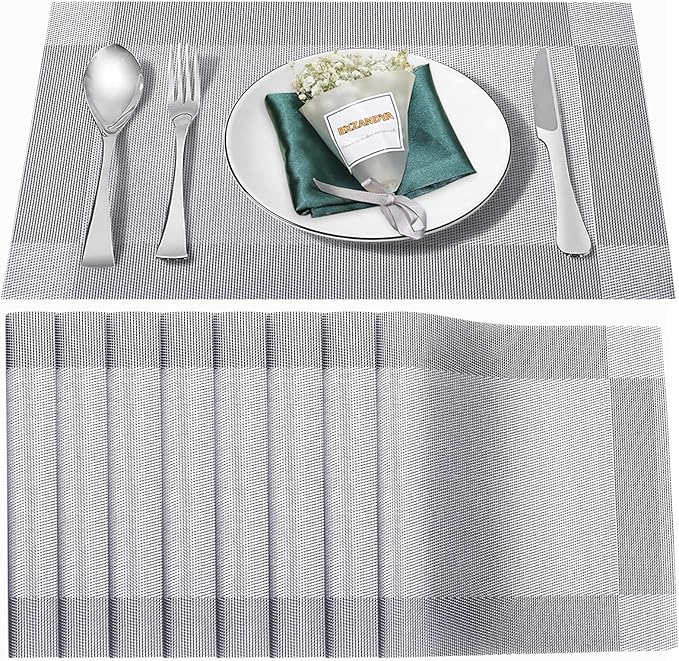 Placemats Set of 8,Washable,Heat and Stain Resistant Indoor/Outdoor Place mats,Vinyl Woven Non Slip Table Mats for Restaurant Table Protection,PVC Placemats(Silver, 8PCS)