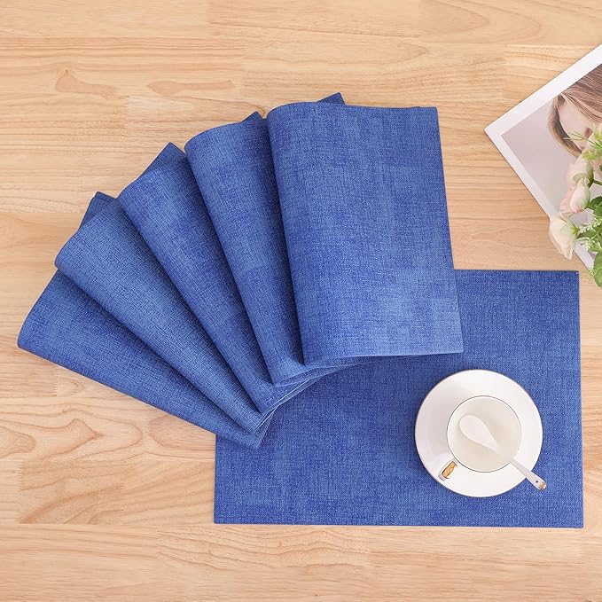 Homaxy Faux Leather Heat Resistant Placemats for Dining Table Set of 6, Waterproof Wipeable Washable PU Table Mats, Easy to Clean Anti-Slip Place Mats, 11.8" x 17", Sea Blue