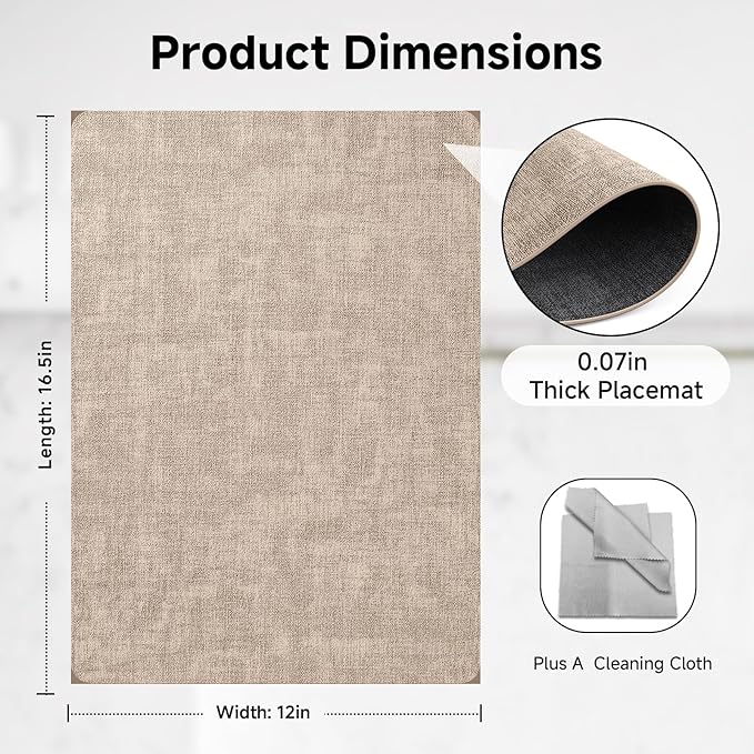 Faux Leather Vinyl Placemats Set of 6 Wipeable Heat Resistant Place Mats 100% Washable - Waterproof - Anti Slip Reversible Table Mats for Kitchen/Dining/Party/Outdoor, 12" x 16.5", Khaki & Black