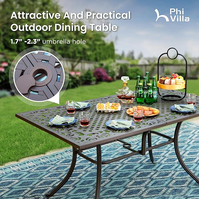 PHI VILLA Cast Aluminum Patio Dining Set for 6 Person, 7 Piece Outdoor Patio Set with 64" x 37" Cast-Top Aluminum Table(2.3" Umbrella Hole), 4 Dining Chairs and 2 Swivel Rockers with Seat Cushions