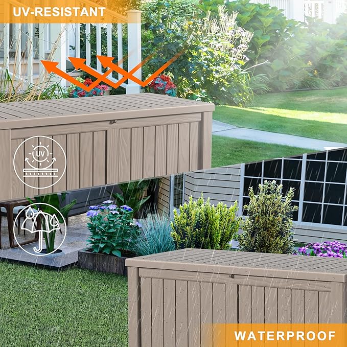 150 Gallon Deck Box,Resin Outdoor Storage Box with Lockable for Patio Furniture, Pool Tools, Garden Tools Waterproof Outside Storage Box, Grey