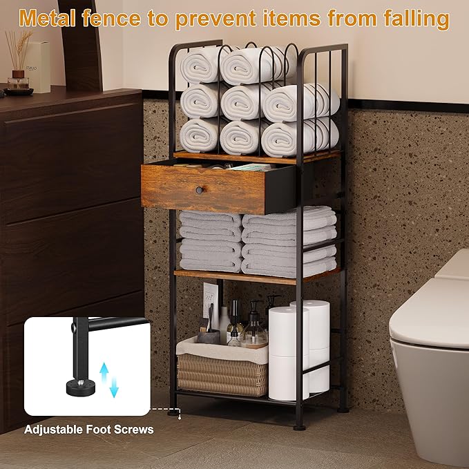 Towel Rack Free Standing 3-Tier with Drawer and M-Shaped Detachable Dividers,Towel Holder with Adjustable Shelf, Towel Organizer Space Saving for Bathroom and Poolside Patent Pending