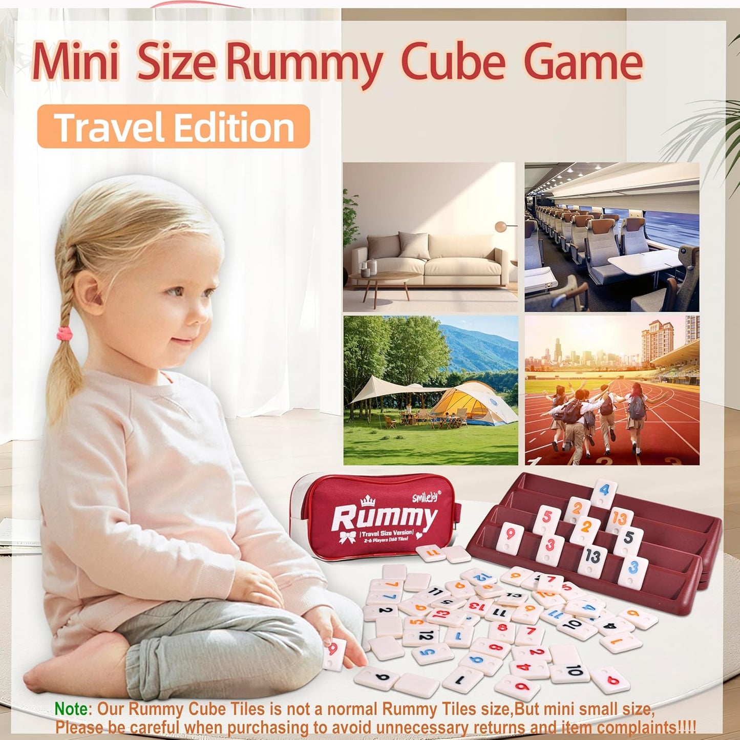 Mini Rummy Cube Six Player Edition, Travel Rummy Game Set with Portable Canvas Bag,Classic Board Game for Adults and Kids |160 Tiles|6 Playing Racks|1 Dice (2-6 Player)