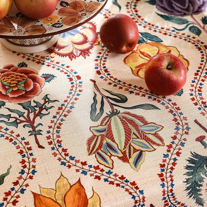 Vintage French Long Rectangular Tablecloth,Linen Tablecloth with Rose and Cornflower Pattern,Decorative Table Cover for Kitchen,Dining,Thanksgiving,Tea Party,63" × 102"-Lanae
