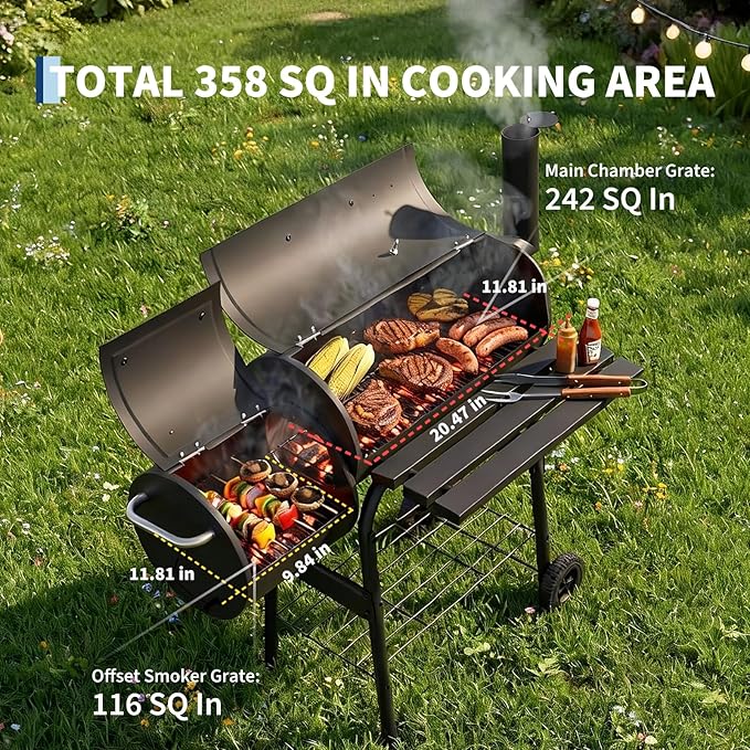 Garvee Charcoal Grills with Offset Smoker, Outdoor BBQ Grill with Handle and Wheels, Barrel Barbecure Smoker Grill Combo for Camping Picnic Patio Backyard Party