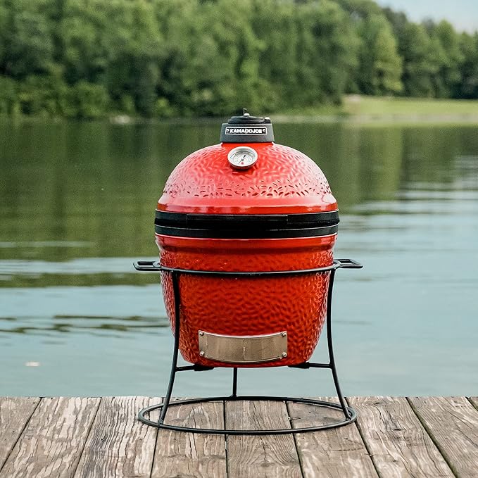 Kamado Joe Joe Jr 13.5-inch Portable Ceramic Charcoal Grill with Grill Stand, Stainless Steel Cooking Grate, Heat Deflectors and Ash Tool in Red, Model KJ13RH