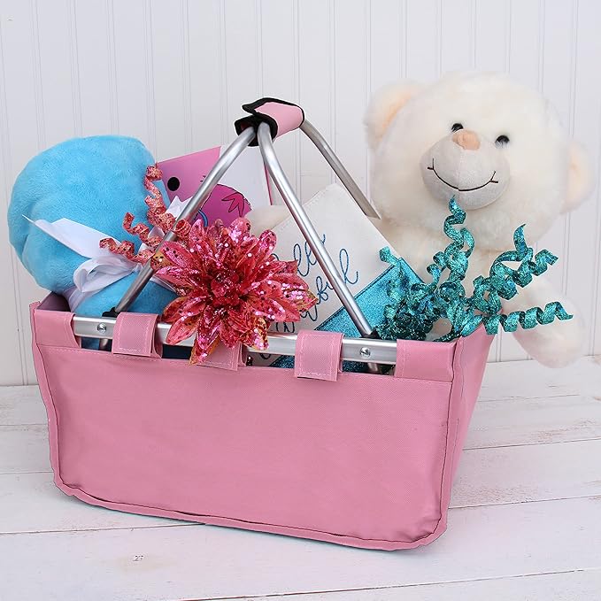 Threadart Large Collapsible Market Basket - Natural | Aluminum Frame | Polyester Fabric | Convenient Fold Flat Design |Reusable Space-Saving Shopping Tote, Gift Basket, Beach Basket, Picnic Basket