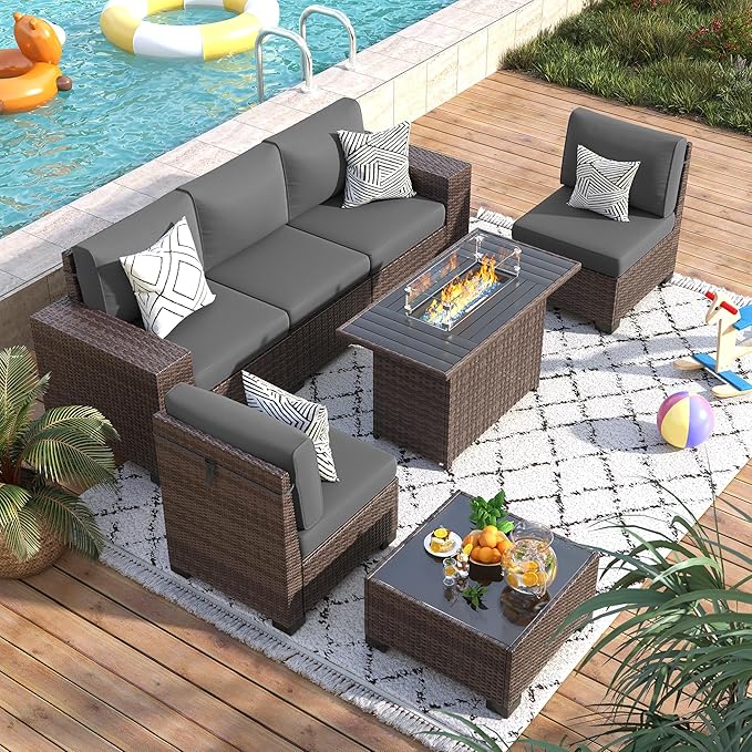 Patio Furniture Set with Fire Pit Table, 7 Piece Outdoor Sectional Conversation Sets Wicker Rattan Sectional Sofa with Coffee Table for Patio Garden Backyard, 4'' Thickened Cushion Dark Grey