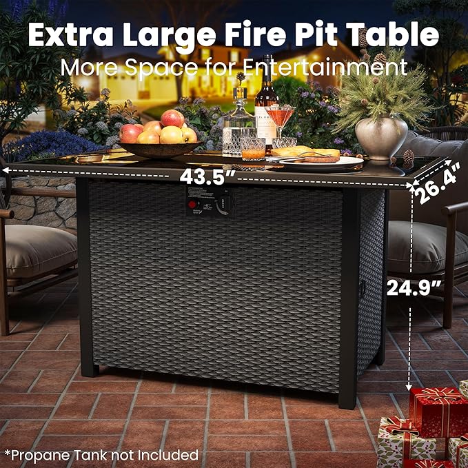 Propane Outdoor Fire Pit Table, 43" Rattan Rectangle Fire Pit Table, Outdoor Gas FirePit W/Glass Wind Guard, Tempered Glass Tabletop, Lid, CSA Listed, 60,000 BTU for Outside Patio Deck & Garden, Black