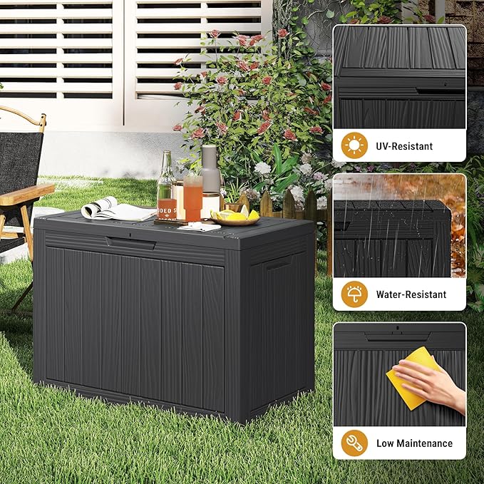 Mars Villa 45 Gallon Outdoor Storage Box, Resin Deck Box Waterproof, Storage Chest for Outside Patio Furniture Cushions, Pool Supplies, Garden Tools, UV Resistant and Weatherproof, Black