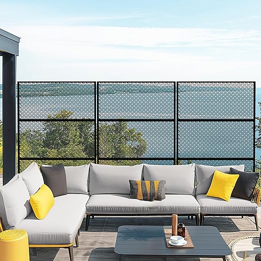 Casaphoria Metal Privacy Screen Outdoor, 72" H x 47" W Freestanding Decorative Privacy Screen for Patio Deck Balcony Garden with Stable Base, Black-Jason