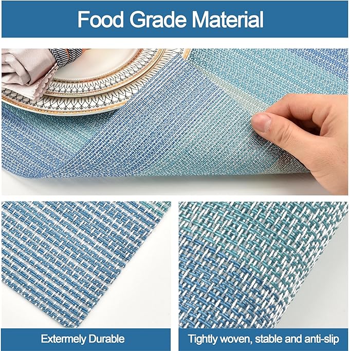 SLKQG Placemats Set of 4 - Easy Clean Washable Vinyl Placemats - Wipeable Heat Resistant Table Mats for Dining Table - 17.7x11.8 Inch (4, Blue Gradient)