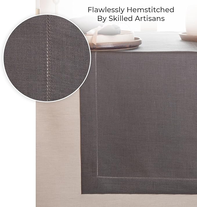 D'Moksha Homes Linen Charcoal Grey Table Runner 72 Inches Long - 100% Pure Linen Hemstitch Table Runner 14 x 72 Inch for Dresser, Dining, Spring, Easter - Classic Hemstitch