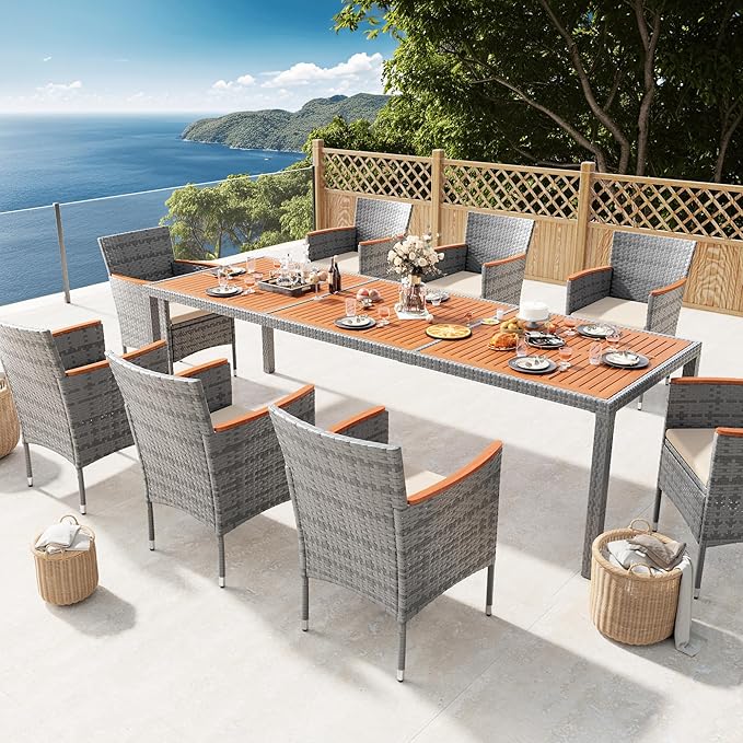 Devoko Outdoor Patio Dining Sets 9 Pieces Wicker Outdoor Dining Table and Chairs Set with Acacia Wood Table Top and Widened Armrests for Backyard, Garden, Deck (Grey)