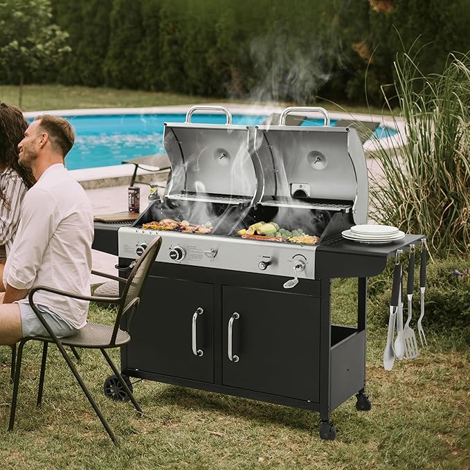 Royal Gourmet ZH3002N Propane Gas and Charcoal Grill Combo, Dual Fuel BBQ Grill with 2 Side Shelves for Outdoor Patio Garden Backyard Barbecue, 20,000 BTUs, Silver & Black