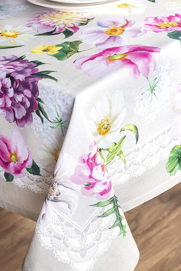 Maison d' Hermine Table Cloth Rectangle Table 100% Cotton 54 x 72 Inches Tablecloth Reusable Decorative Everyday Use for Dining Room, Farmhouse, Home, Party, Festive & Wedding Spring Summer - Pivoine