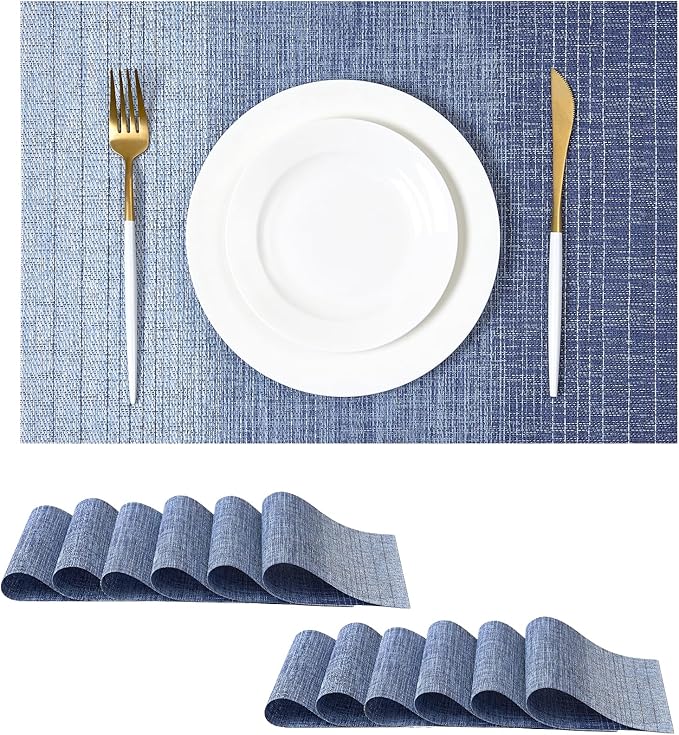 Leetaltree Gradient Blue Woven Placemats Set of 12 - Heat Resistant Non-Slip Place mats for Dining Table, Washable Durable PVC Vinyl Woven Table Mats(Gradient Blue, 12)