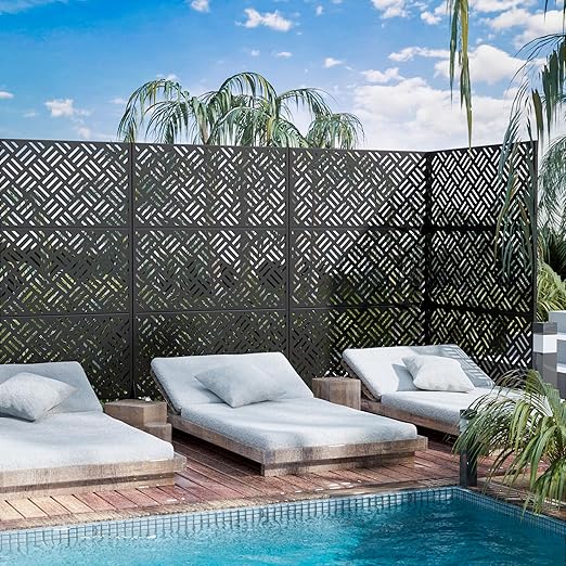 Casaphoria Metal Privacy Screen Outdoor, 72" H x 47" W Freestanding Decorative Privacy Screen for Patio Deck Balcony Garden with Stable Base, Black-Carl