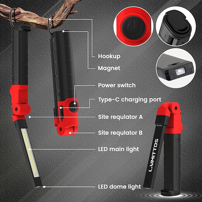 Rechargeable Work Light 2200mAh Magnetic LED Work Light Flashlight Mechanic Light Tool for Men Him, Foldable Lamp with Hook for Car Repair Emergency BBQ Grill (4 Pack)