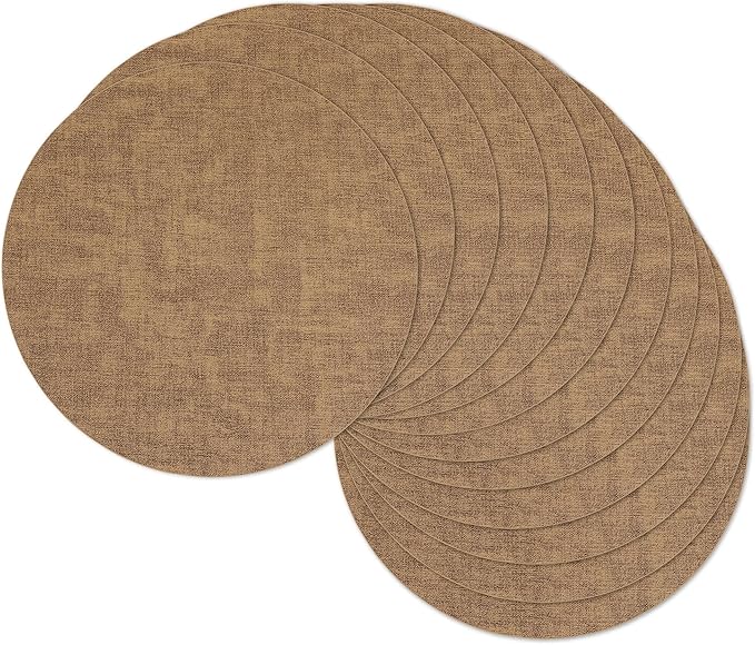 13" Round Placemats Set of 12, Reversible Faux Leather Heat Resistant Table Mats, 100% Waterproof Oilproof Wipeable Table Protective Placemats for Vinyl, Washable for Indoor (12, Light Brown)
