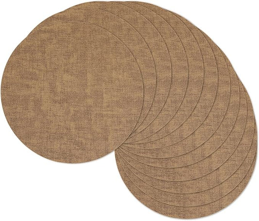 13" Round Placemats Set of 12, Reversible Faux Leather Heat Resistant Table Mats, 100% Waterproof Oilproof Wipeable Table Protective Placemats for Vinyl, Washable for Indoor (12, Light Brown)