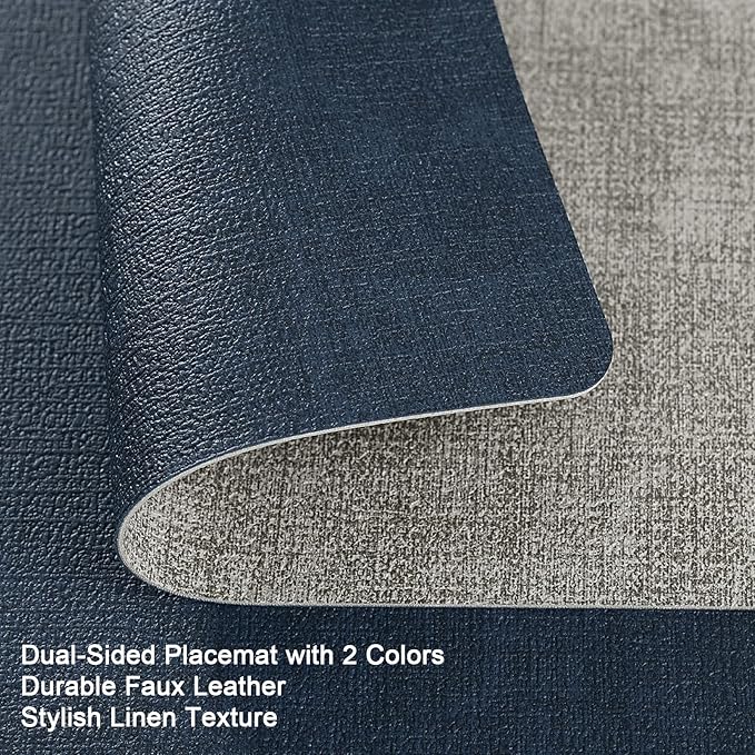 Myir JUN Placemats Dual Sided, Faux Leather Place Mats Indoor Set of 8 for Dining Table Non-Slip Washable Placemat Heat Resistant Outdoor Table Mats (Set of 8, Gray Blue)
