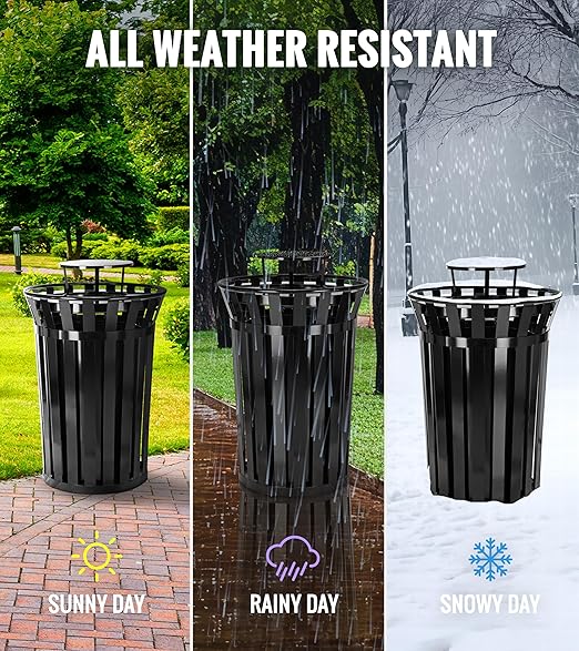 Alpine Industries 38 Gallon Commercial Outdoor Metal Trash Can with Liner, Flat Lid & Rain Bonnet