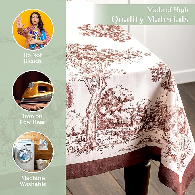 Maison d' Hermine Table Cloth Rectangle Table 100% Cotton 70 x 108 Inches Fall Tablecloth Reusable Everyday Use for Thanksgiving Christmas Decorations Dining Farmhouse Party (Holy Jouy - Brown)