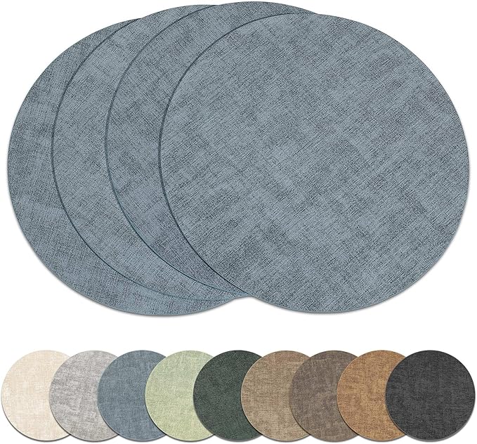 13" Round Placemats Set of 4, Reversible Faux Leather Heat Resistant Table Mats, Waterproof Oilproof Wipeable Table Protective Placemats for Vinyl, Washable for Indoor & Outdoor Use (4, Light Blue)