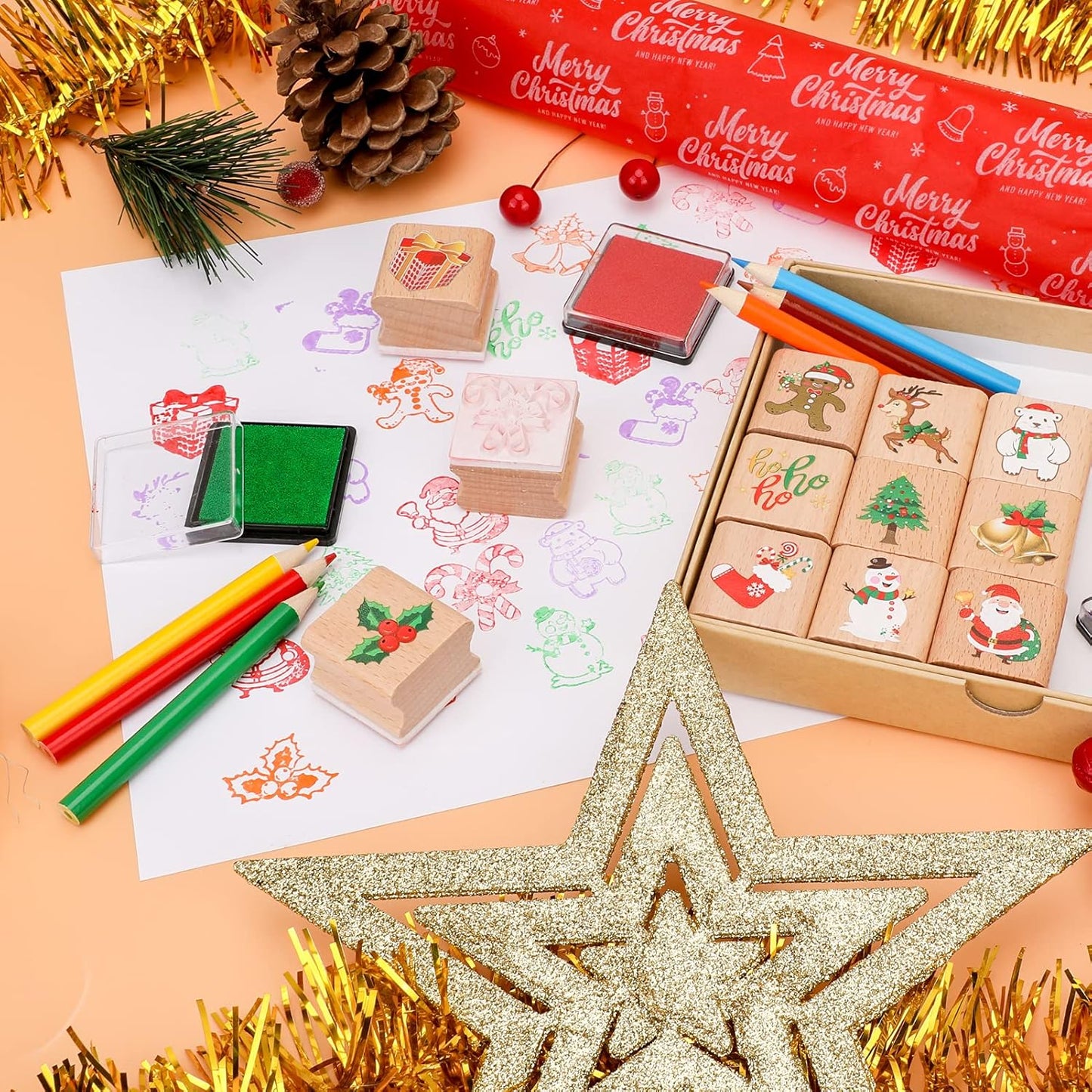 Christmas Stamps Set, Wooden Rubber Stamp with Ink Pad Colored Pencil, Holiday Square Craft Stamp for Stamping Scrapbooking Crafting Booking Card Making Stocking Filler,Christmas Favor Gift